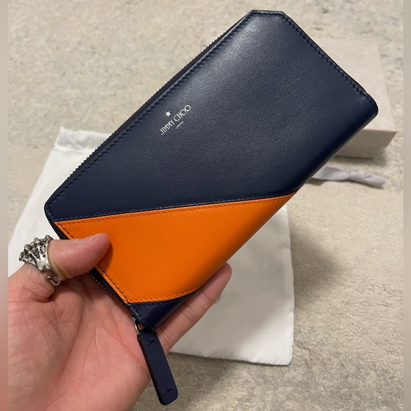 Like New Unisex Jimmy Choo Zip-around Leather Continental Wallet In Navy/Orange - Picture 9 of 14